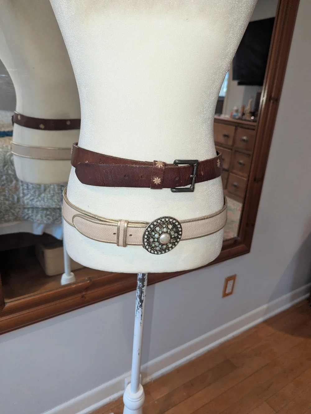 Set of Two Waist Belts — Brown Leather & Cream Embellished